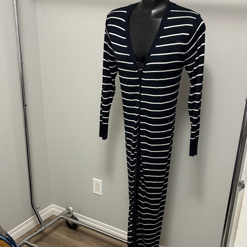 Black and White Striped Long Cardigan